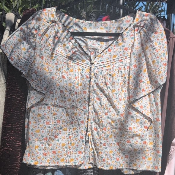 THE GREAT. Tops - Floral Cotton Short Sleeve Blouse - White with Orange & Yellow Floral